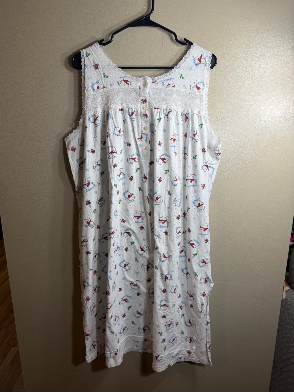 Freddini Snowman Christmas Nightgown White Cotton Lace Sleeveless M